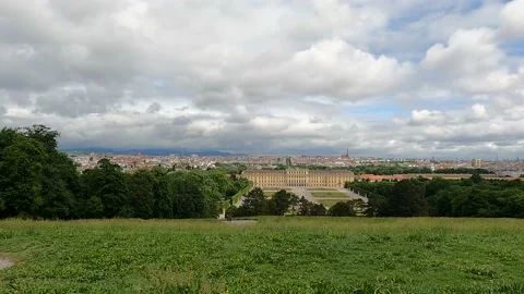 Panorama with fluffy clouds over Vienna and Schonbrunn Palace Stock Footage 196225382