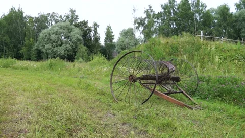 Panorama of a forest edge with an old rusty cart with wheels Stock Footage 140956141
