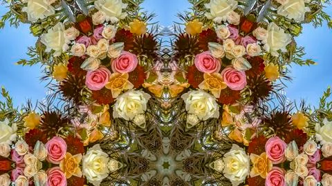 Panorama frame Angular floral design with red orange and white flowers at a Foto stock