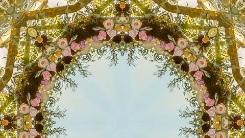 Panorama frame Circular angular floral design made from wedding flowers at Stock Photos