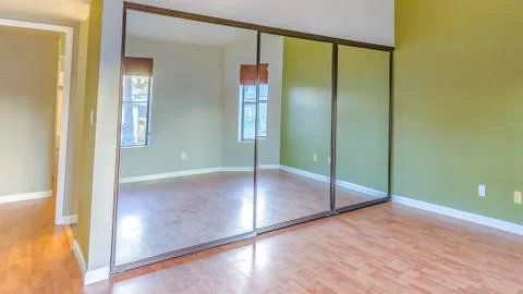 Panorama frame Empty master bedroom with wood floor Stock Photos