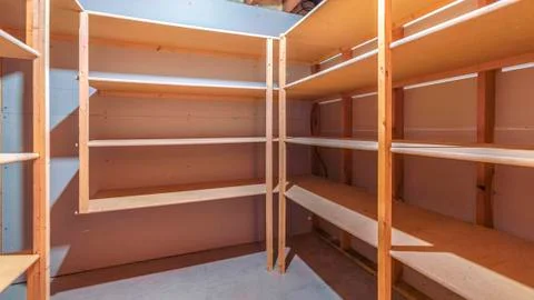 Panorama frame Interior empty shelves of a walk in closet Stock Photos