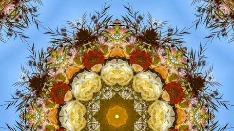 Panorama frame Vivid flowers in a patterned display of flowers in circular Foto stock