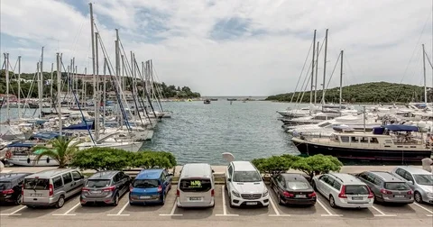 Panorama in front of the sea with harbor Stock Footage 74386681