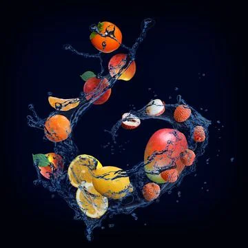Panorama with fruits in splashes of water - mango, lychee, lemon, peach, tang Stock Photos