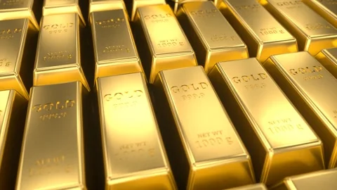 Panorama of gold bars stacked in a stack, 3D animation Stock Footage 261675789