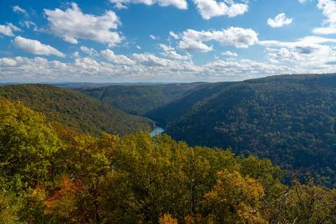 Panorama of gorge of the Cheat River upstream of Coopers Rock State Park in West Stock Photos