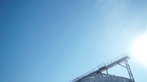 Panorama of grain dryers complex for drying wheat. Big group of modern grain 库存影片 98108746