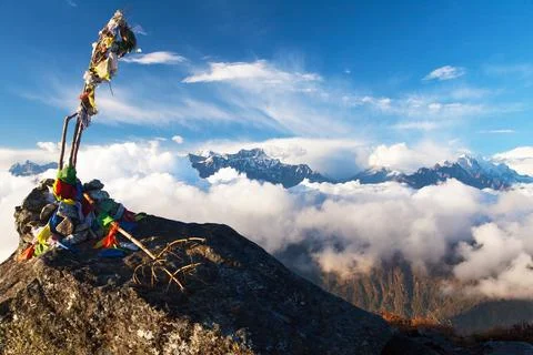 Panorama of Great Himalayan range with mount Everest Stock Photos