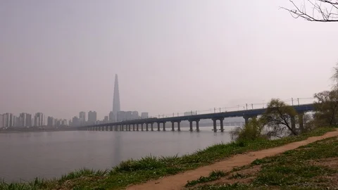 Panorama on Han River, Lotte World Tower, Seoul city panorama Stock Footage 93321069