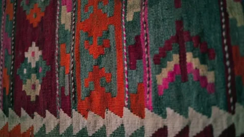 Panorama of handmade carpets with Asian patterns Stock Footage 237858522