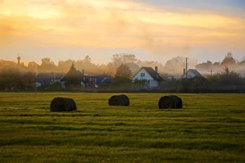 Panorama of haystack valley at the sunset time Stock Photos