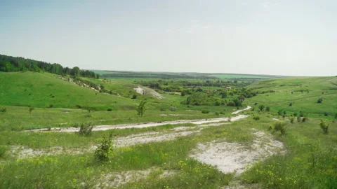 Panorama of hilly meadows, forests, flowers and vegetation. Video stock 231737541