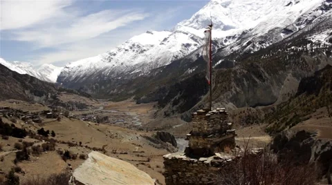 Panorama of Himalayan mountains and small village Stock Footage 67647100