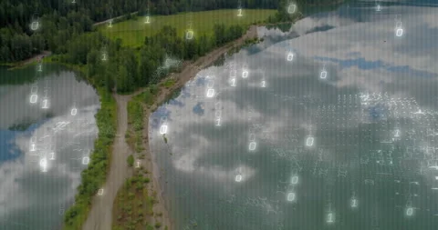 Panorama holding before binary digits drifting down over forest and lake, Stock Footage 313494248