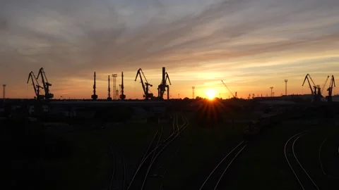 Panorama of an incredible sunset at the shipyard Stock Footage 260445947