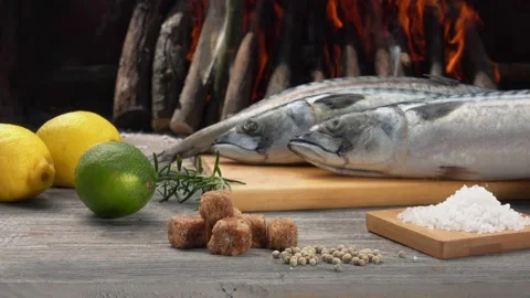 Panorama of the ingredients for preparing Mackerel fish on the grill Stock Footage 146865266