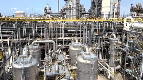 Panorama inside of the interior of a chemical plant or oil refinery Stock Footage 282066769
