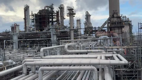 Panorama inside of the interior of a chemical plant or oil refinery Stock Footage 328415205