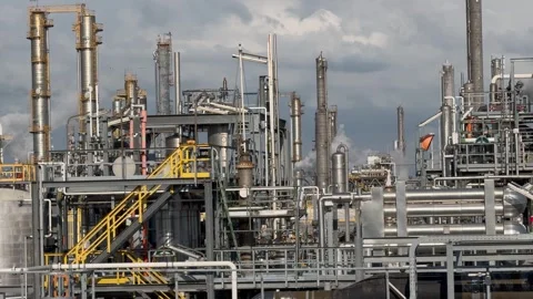 Panorama inside of the interior of a chemical plant or oil refinery Stock Footage 332974196