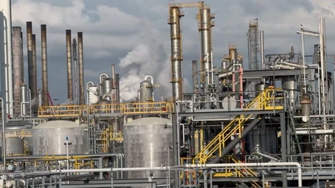Panorama inside of the interior of a chemical plant or oil refinery Stock Footage 334562800