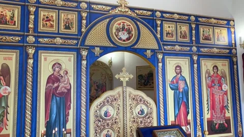 Panorama of the interior decoration of the chapel close-up, icons and candles Stock Footage 159729473