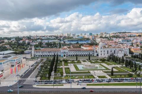 Panorama with the Jeronimos Monastery in the Belem district of Lisbon Stock Photos