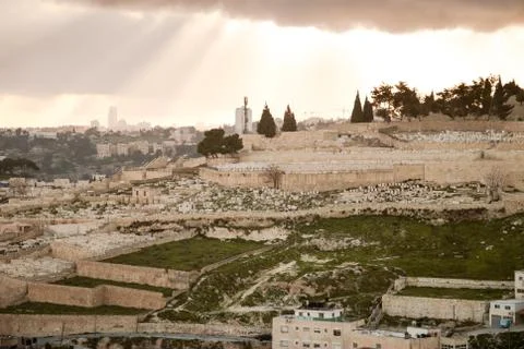 Panorama of jerusalem from the mount of olives, with cloud in the sky and bea Stock Photos