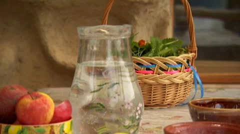Panorama On The Jug And Fruit Stock Footage 64343849