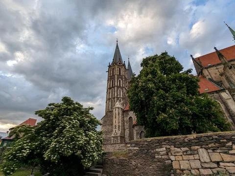 Panorama of Kolin cathedral with two gothic church towers Stock Photos