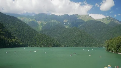 Panorama of the lake ritsa, Abkhazia, southern Caucasus Stock Footage