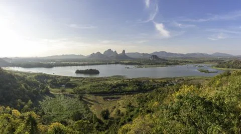 Panorama of  landscape with dramatic sunset Stock Photos