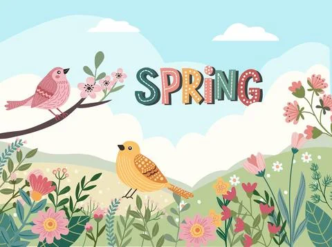 Panorama landscape of Spring field, spring flowers and birds. Stock Illustration