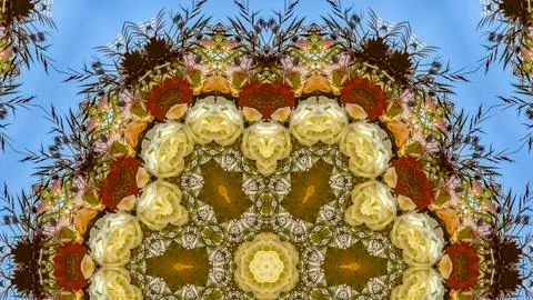 Panorama Large hexagonal flowers in circular arrangement at wedding in Stock Photos