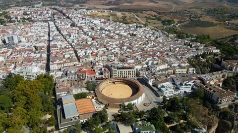 Panorama of a large round building on a high cliff Stock Footage 241836957