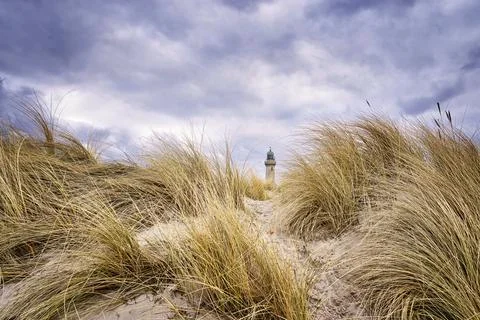 Panorama from the lighthouse in Warnemunde behind the dune grass. Foto stock