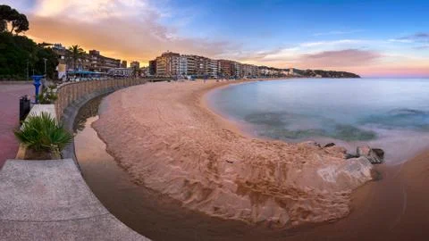 Panorama of Lloret de Mar Seafront in the Evening, Lloret de Mar, Catalonia.. Stock Photos