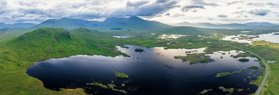 Panorama of Lochan na h Achlaise view point from a drone Highlands Scotland UK Stock Photos
