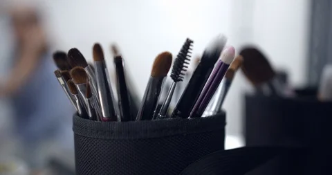 Panorama of many brushes of a professional makeup artist Stock Footage 126354420