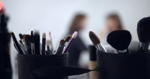Panorama of many brushes of a professional makeup artist Stock Footage 126354555