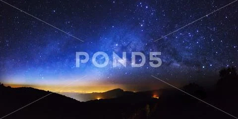 Panorama Milky Way Galaxy at Doi inthanon Chiang mai, Thailand. Long exposu.. Stock Photos