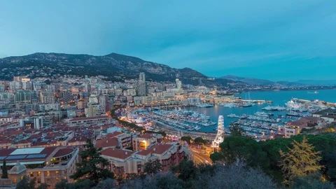 Panorama of Monaco: La Condamine area and port Hercule at dusk Stock Footage 84716000