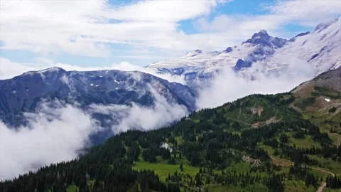 Panorama of Mount Rainier and Alpine Meadows from Mount Fremont Lookout Trail Stock Footage 332084875