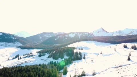 Panorama of mountain ranges partially covered with snow, with dense coniferous f Video stock 303636309