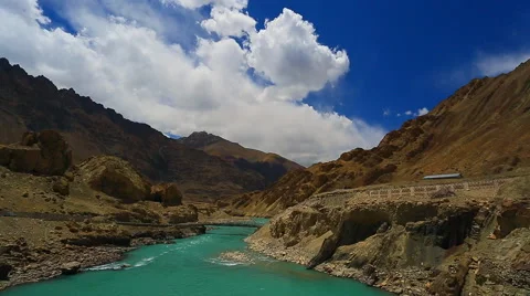 Panorama from the mountain road next to the river Indus Stock Footage 43019249