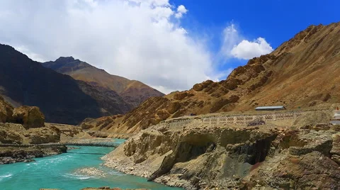 Panorama from the mountain road next to the river Indus Stock Footage 43019356