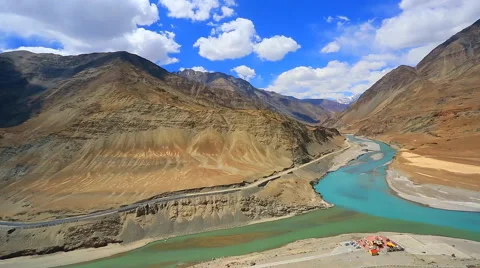 Panorama from the mountain road next to the river Indus Stock Footage 43020556