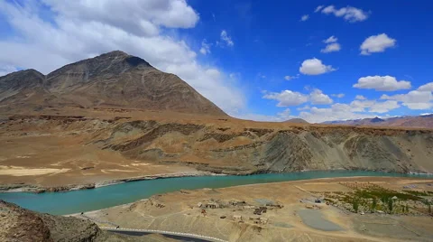 Panorama from the mountain road next to the river Indus Stock Footage 43020702