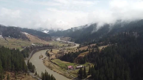 Panorama Mountain Valley River with Clouds Stock Footage 156568348