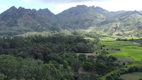 Panorama of Mountains and Rice Fields near Tolanaro (Fort Dauphin), Madagascar Stock Footage 328155955